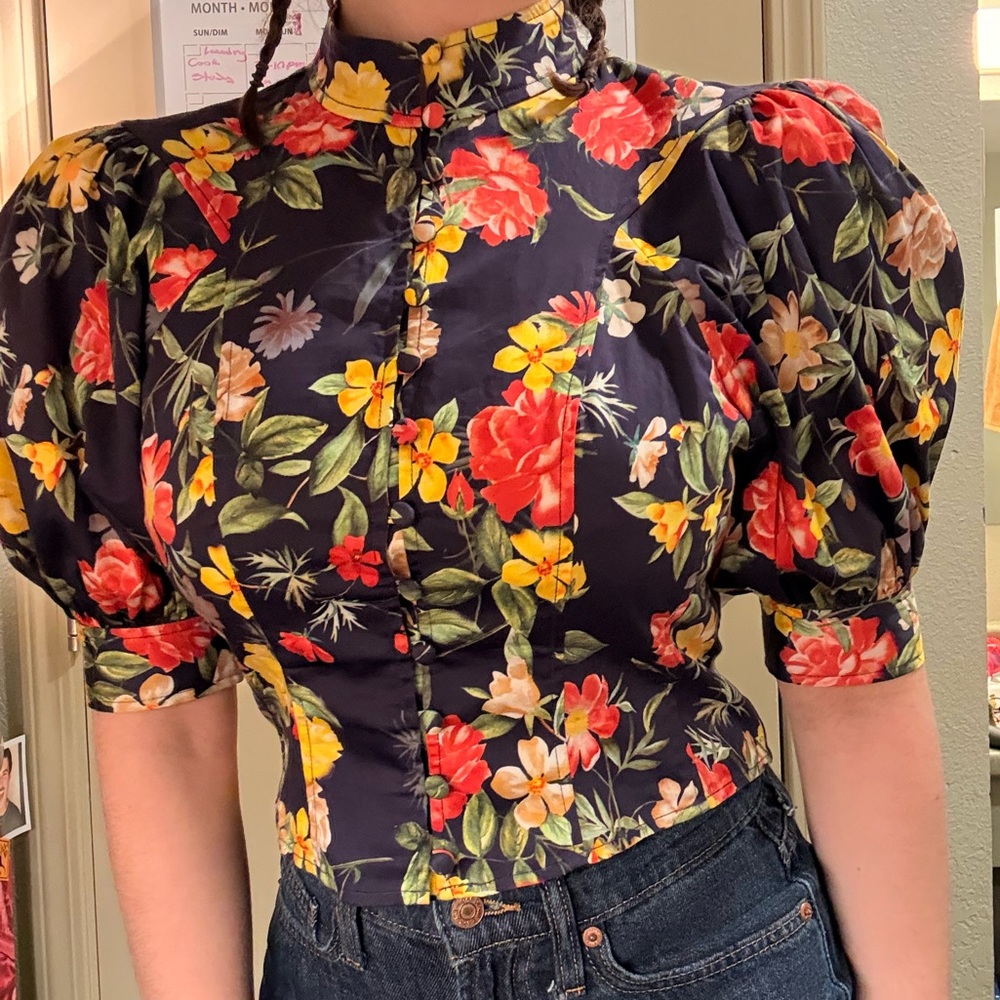 Marissa Webb Navy Floral Puff Sleeve Blouse